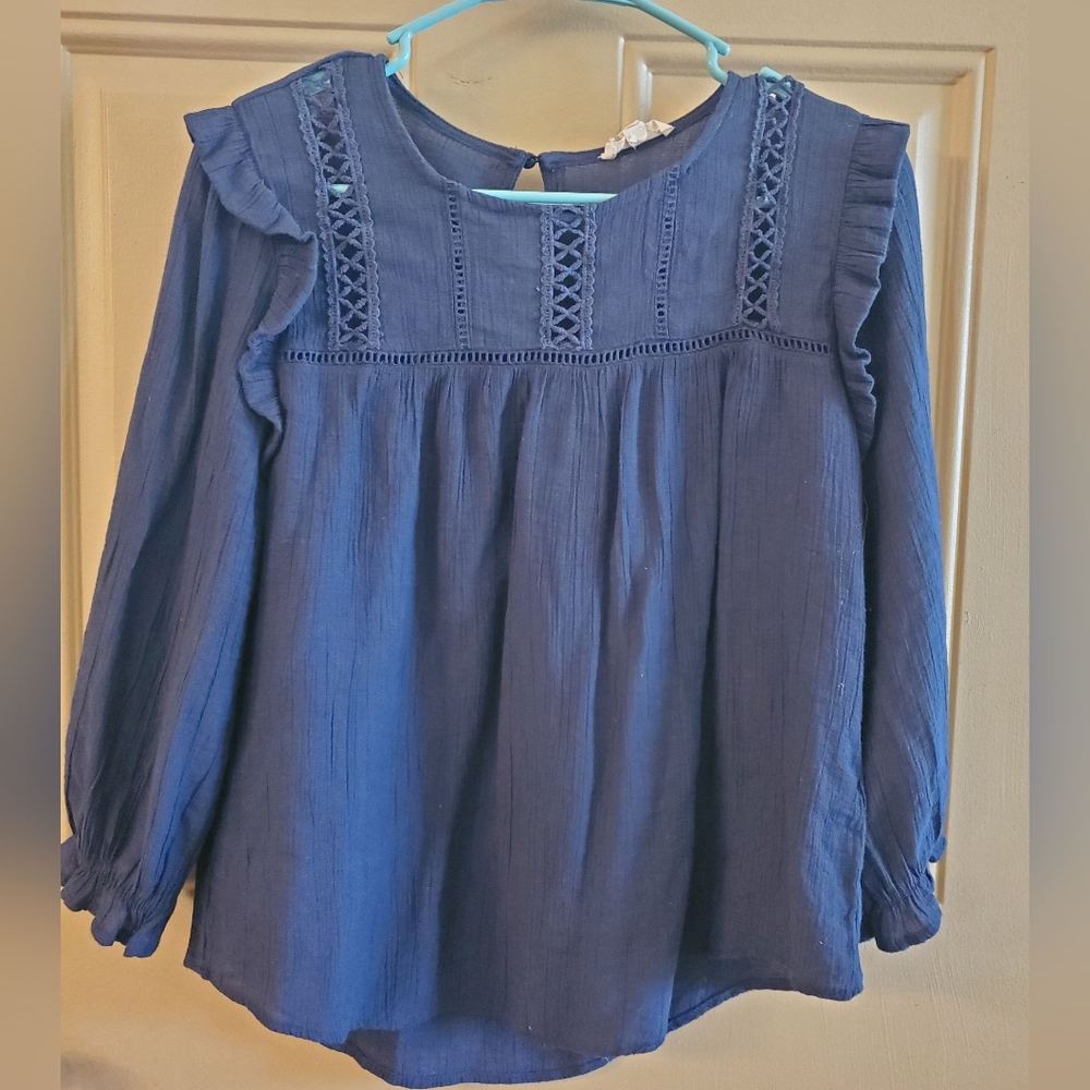 E M Blue Blouse With Cute Ruffle Sleeve   Detail